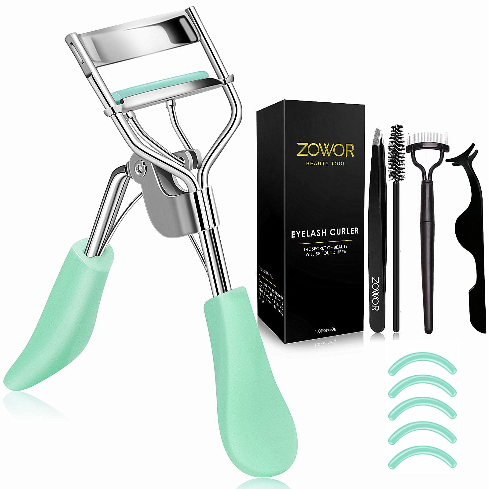 Green Eyelash Curler with Comb Brush 5 Silicone Refill Pads for All Shapes