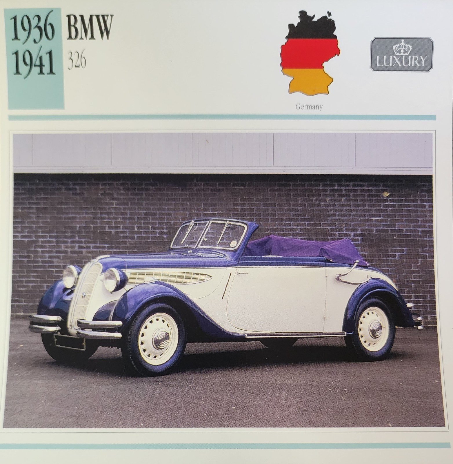 BMW 326 Car Picture Spec Info Detail Collector Card Vintage Retro Decor