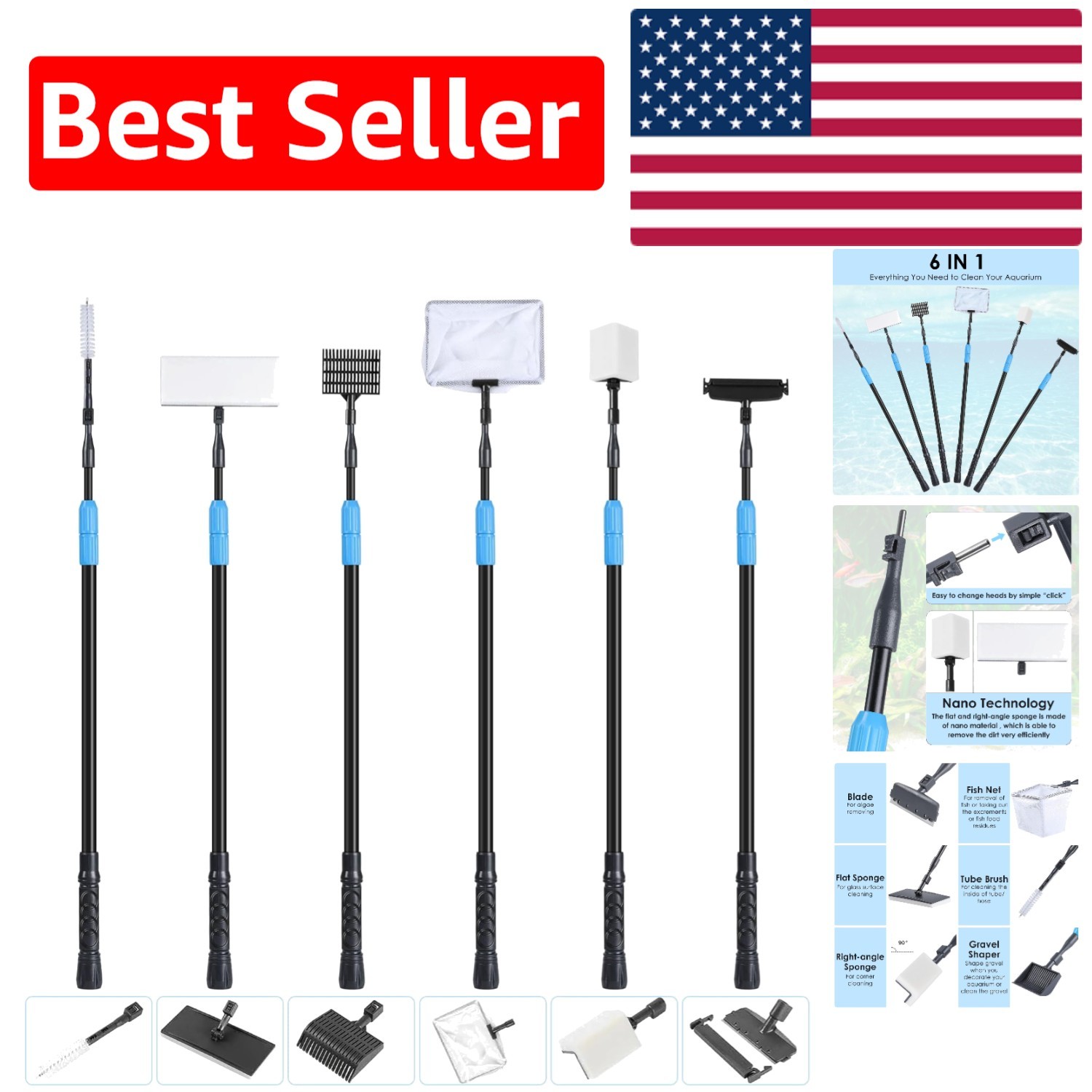All-in-One Aquarium Tool Kit with Telescopic Handle - Perfect for 20-160 Gallons