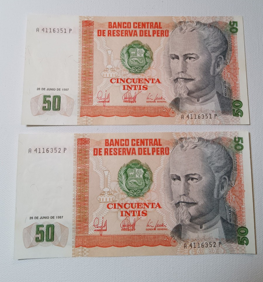 Peru 1987  50 Intis banknote lot of 2 consecutive serial UNC