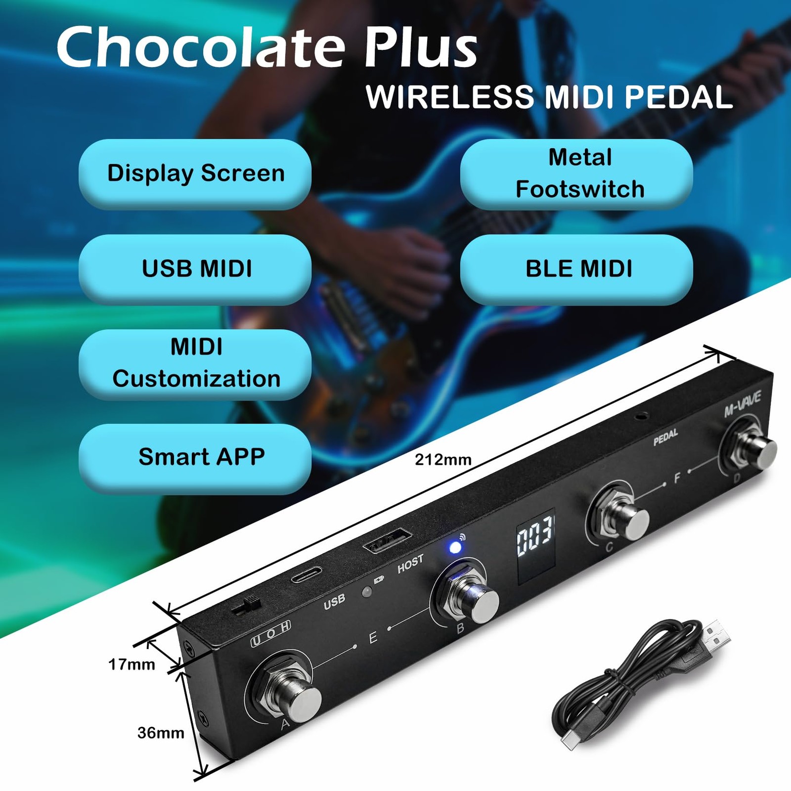 M-VAVE Chocolate Plus Wireless MIDI Foot Controller 4 Buttons BT Black