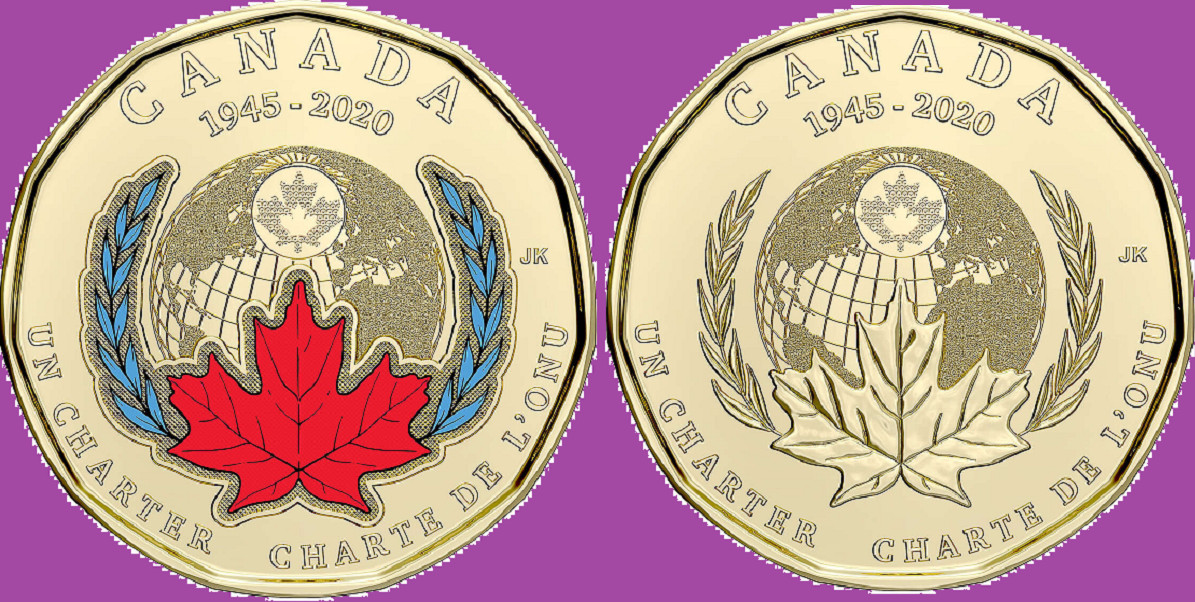 Set 2020 Canada 75th Anniv United Nation Col & NonCol One Dollar Loonie Coin UNC