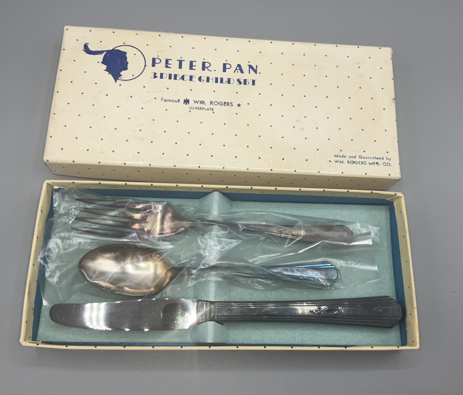 Vtg WM. Rogers PETER PAN 3-Piece Silver plate Childs Flatware Set *NEW* In Box
