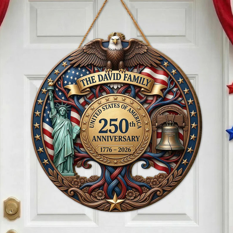 Personalized USA 250th Anniversary Patriotic Wall Sign with Rope