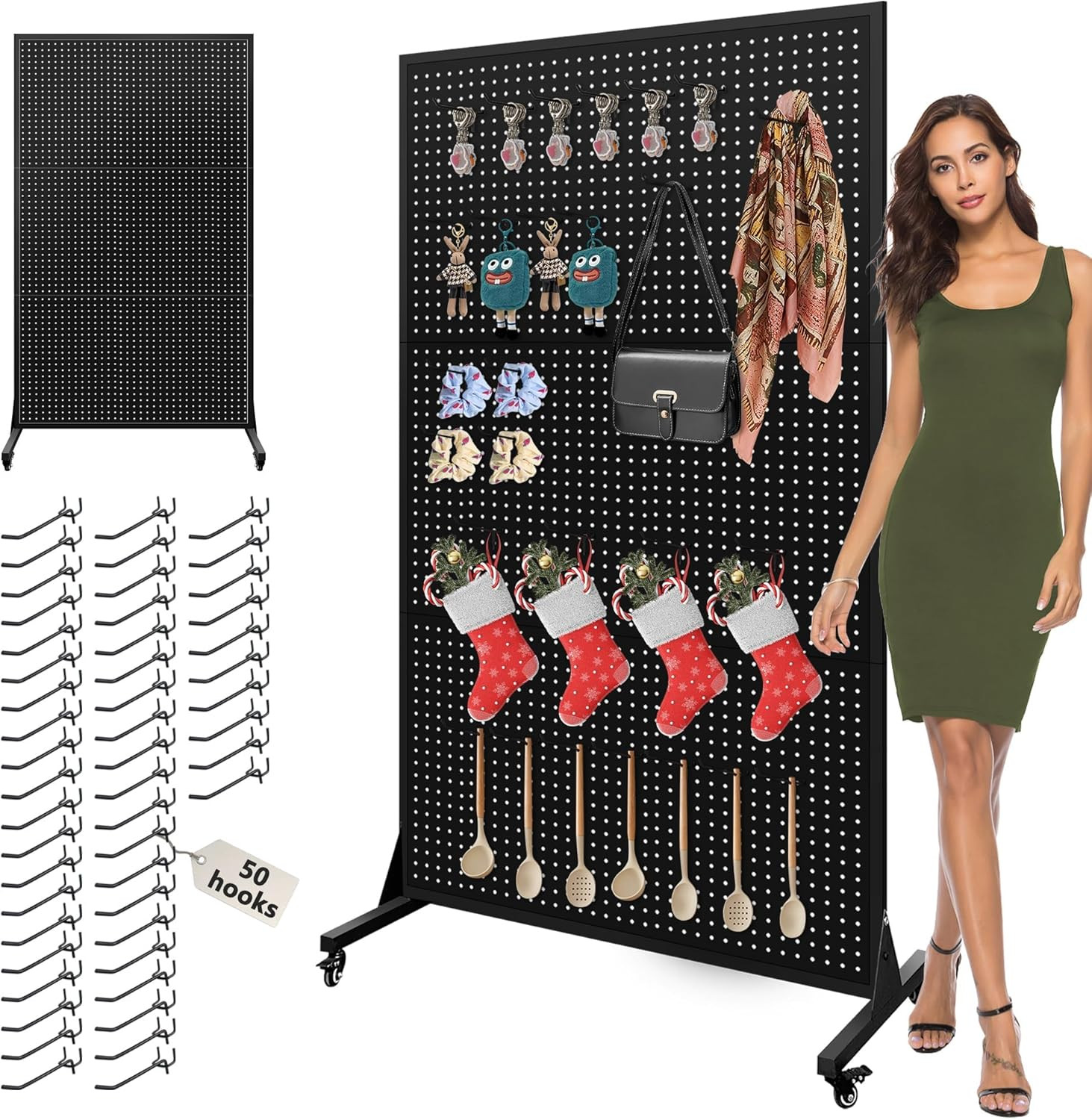 Metal Pegboard Display Stand with 50 Hooks & Wheels - 3.5x6ft, Black