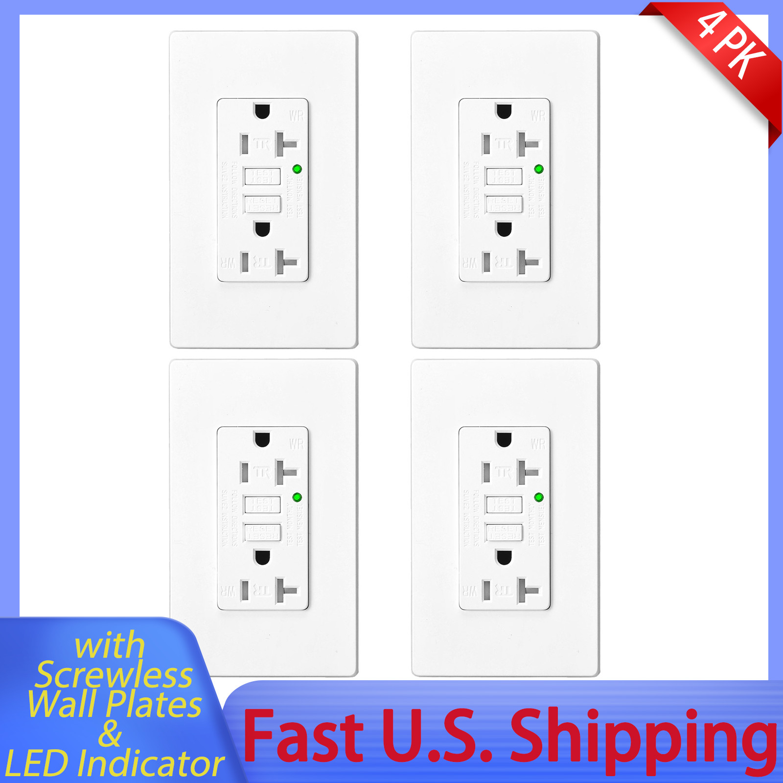 4x 20A/125V Outlet White GFI Electrical Outlet,125V,with Wall Plate&Screws, ETL