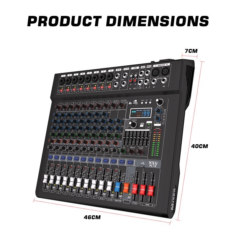 12-channel professional mixer with 99 DSP effects and Bluetooth/USB connectivity