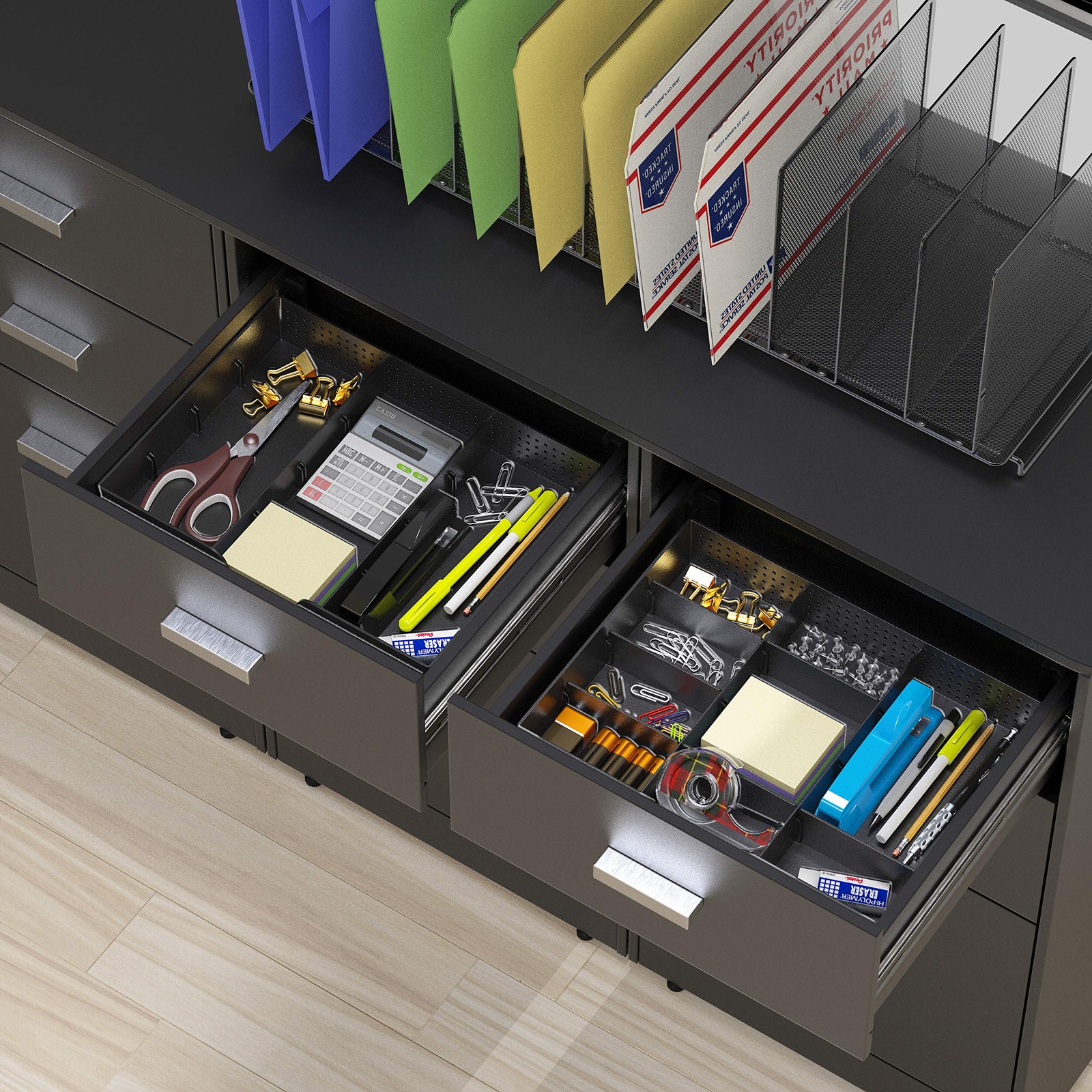 Adjustable Drawer Organizer Tray, 9 Compartments, 2~Pack, Black