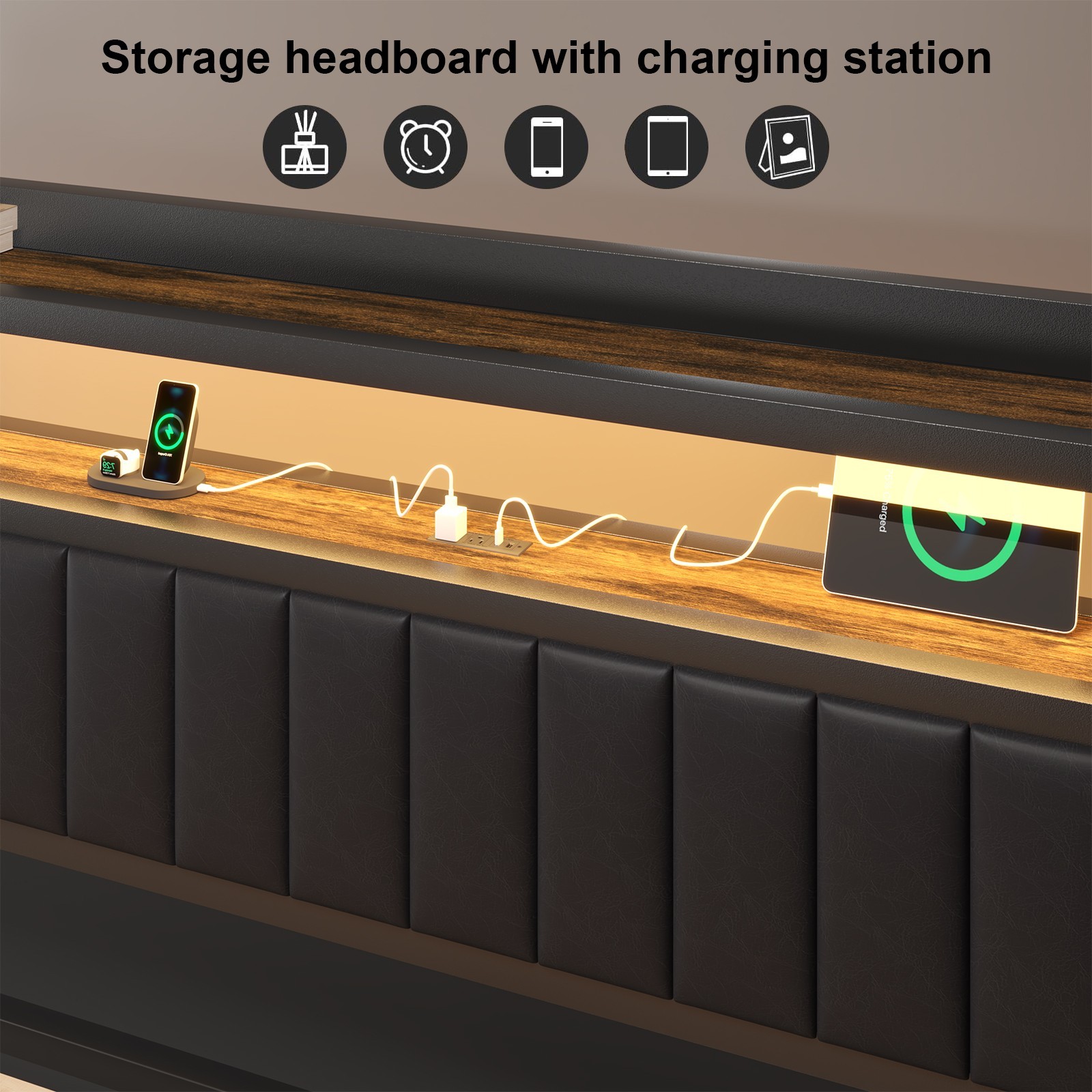 Full Queen LED Bed Frame with Charging Station&Upholstered Storage Headboard