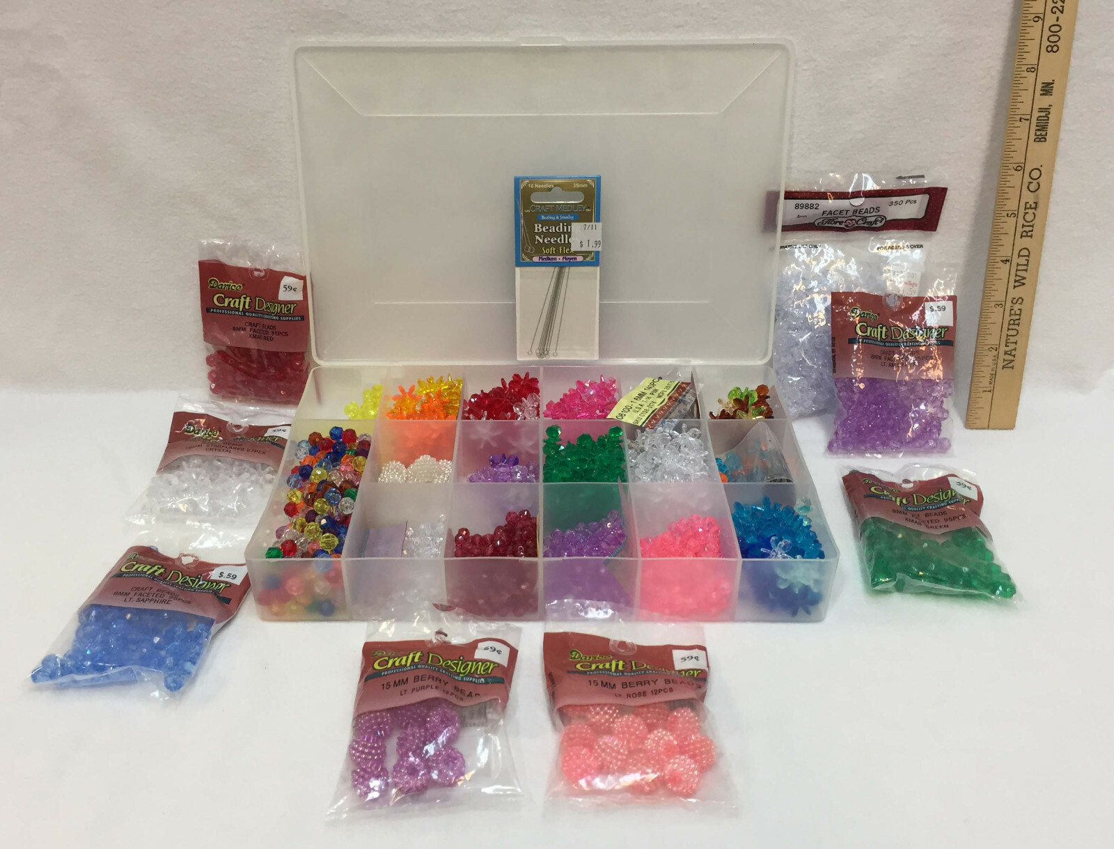 Bead Lot Multi Color Assortment w/ Clear Plastic Storage Box & Beading Needles