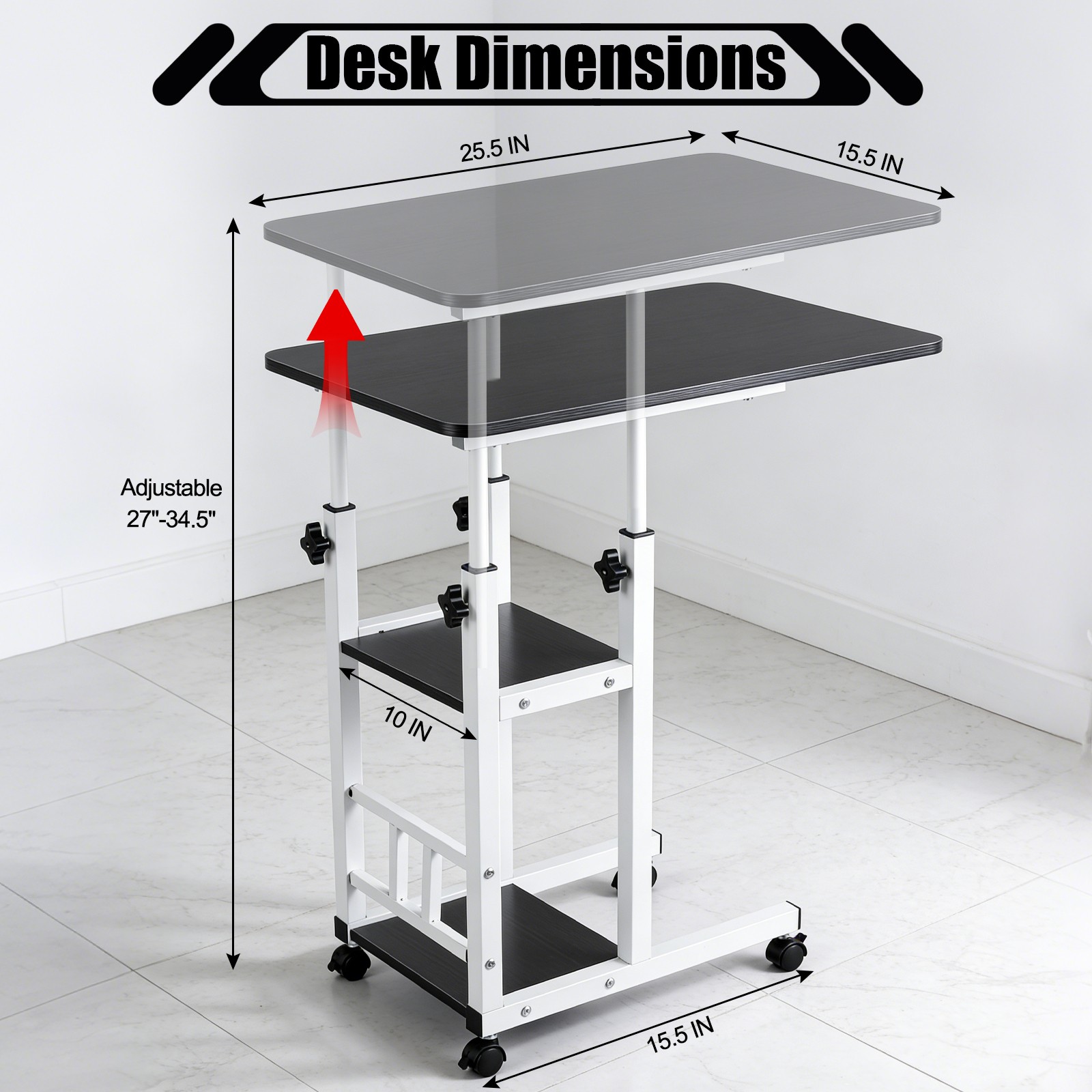 Height Adjustable C Table on Wheels with Storage Shelves Sofa End Table
