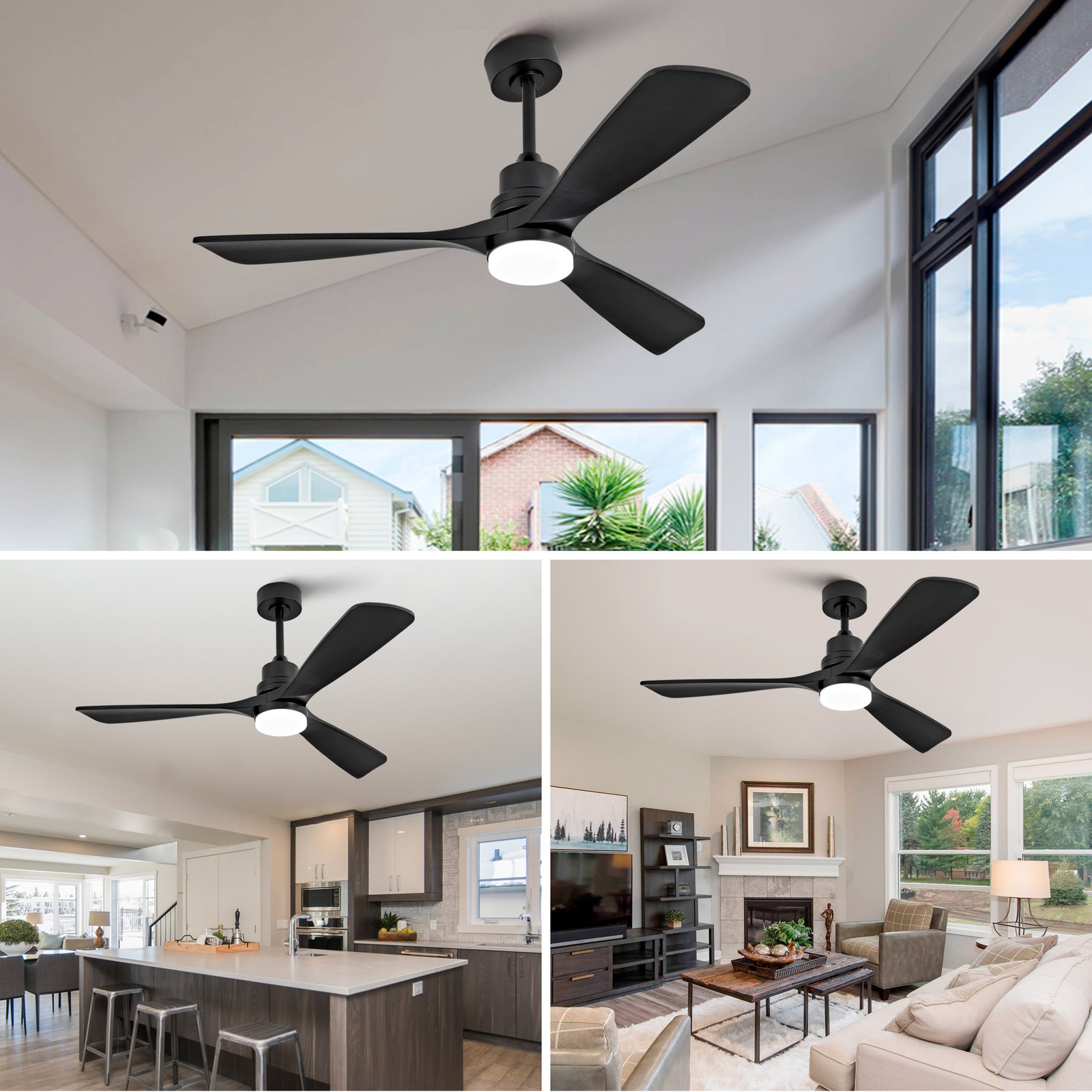 52" Modern Black Ceiling Fan With Light 3 Solid Wood Blades Remote Control