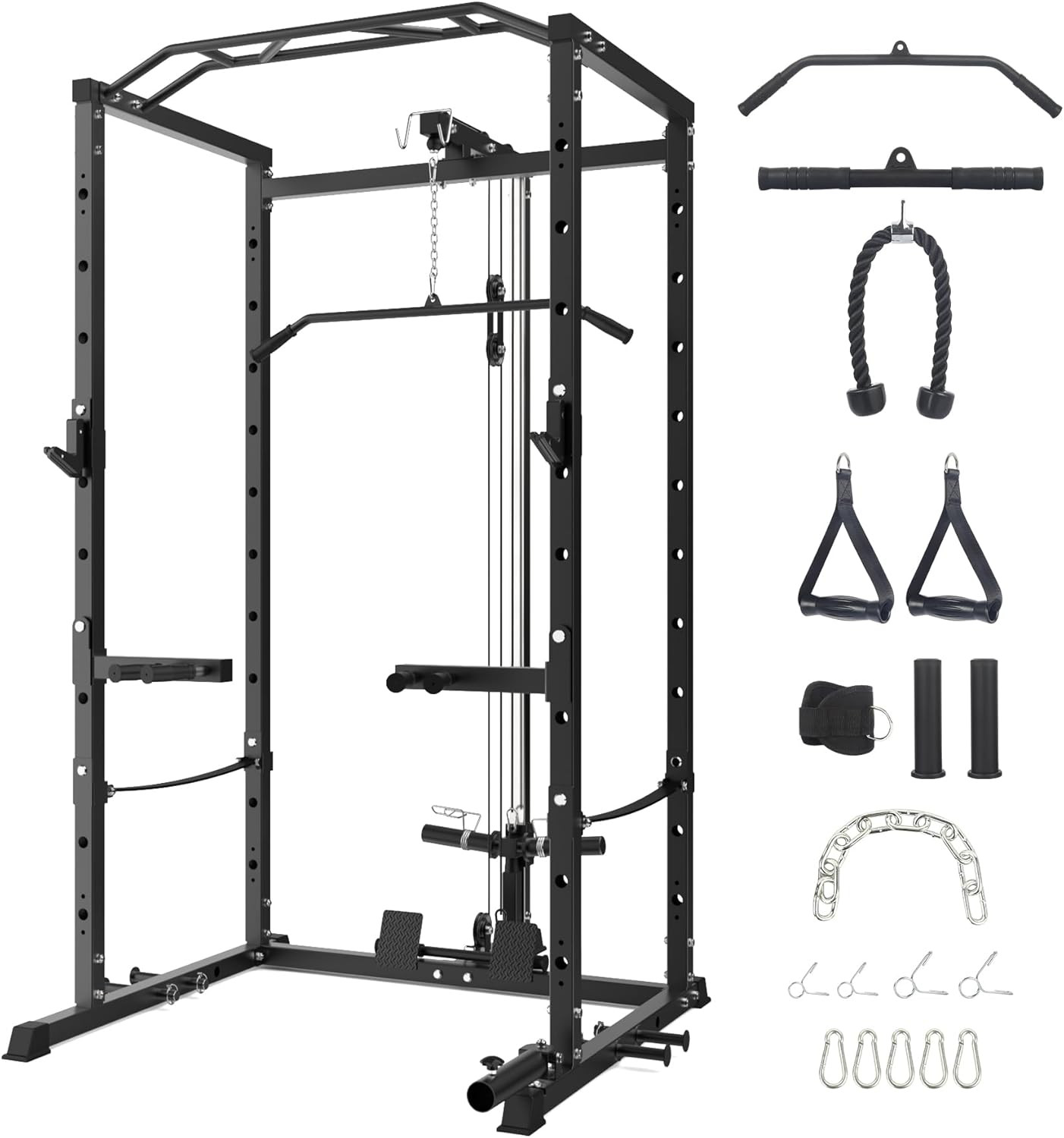 Multi-Functional Power Cage with LAT Pulldown & Dip Bars for Home Gym