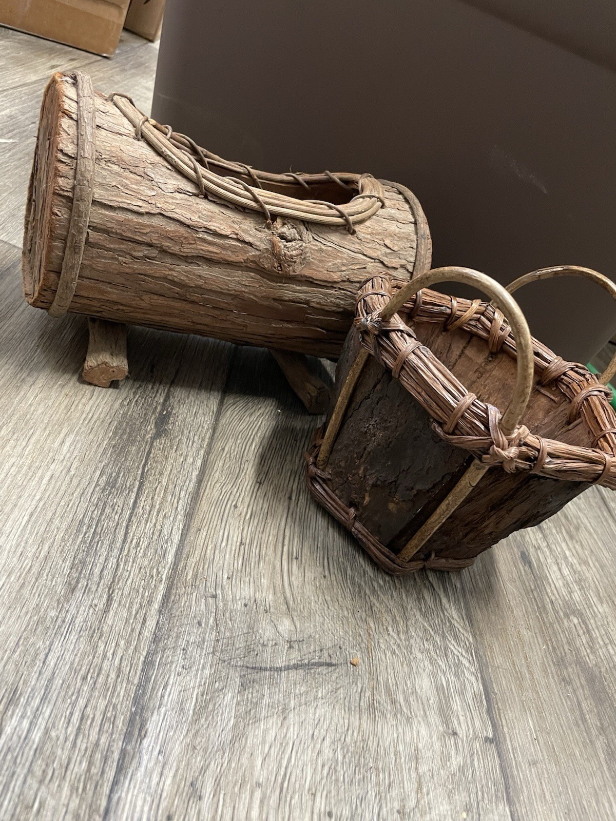 Handmade Baskets Rustic Lot Of 2 Tree Bark & Vine Brown 2 Sizes