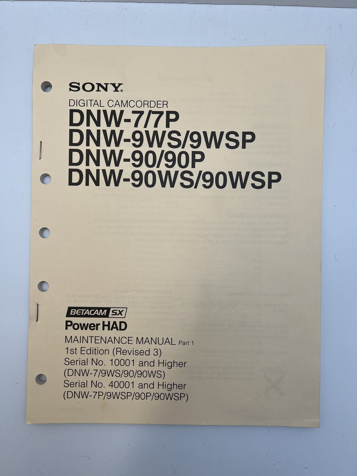 Sony Digital Camcorder Maintenance Manual Part 1 DNW-7/7P 9WS/9WSP 90/90P 90WSP