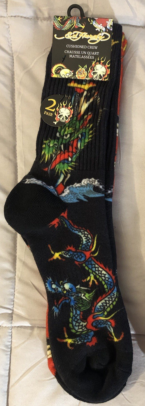 Ed Hardy Socks Fully Cushioned Crew Logo Black/Red 2 Pack Men's 6-12 NEW NWT