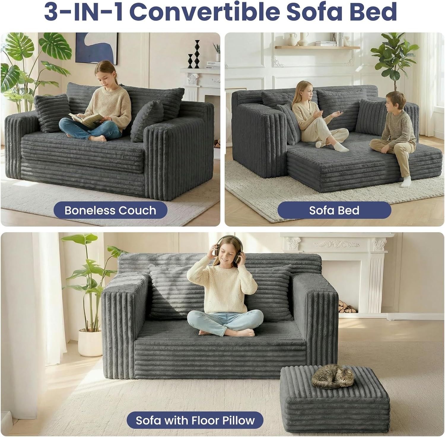 3-in-1 Convertible Sofa Bed Boneless Loveseat Sleeper & Folding Couch Bed W/ 4