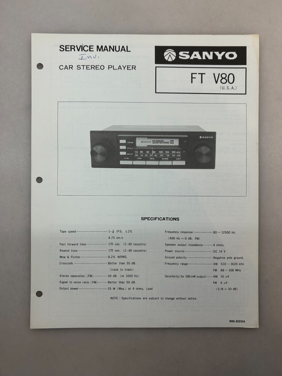 Sanyo FT V80 Original Service Manual Free Shipping