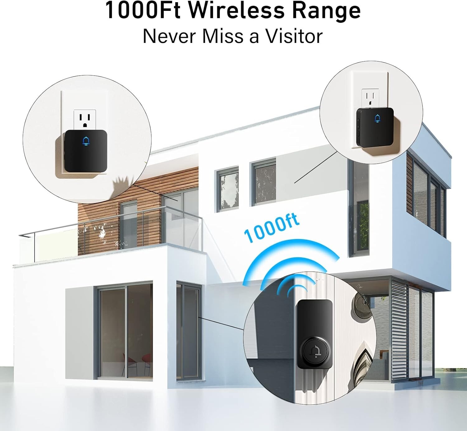 Modern Black Wireless Doorbell - 2 Push Buttons, Adjustable Volume, Easy Install