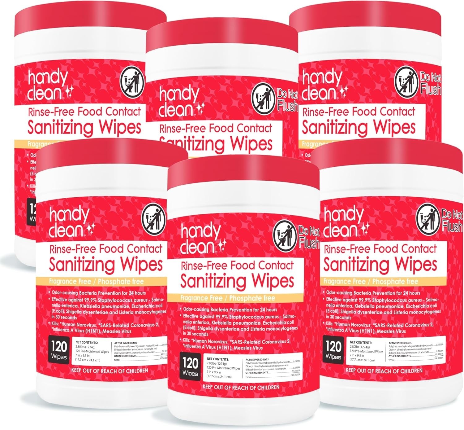 (Case Of 6) Handy Clean Rinse-free Food Contact Sanitizing Wipes 120/can