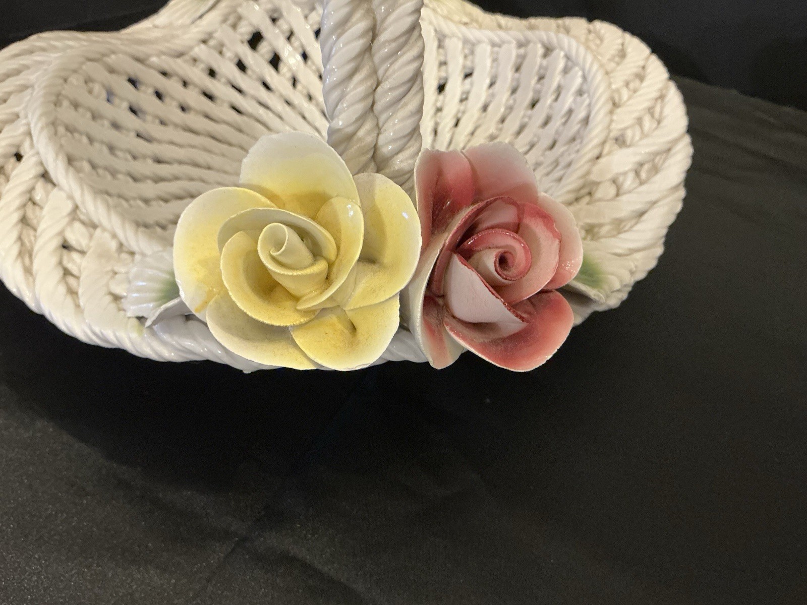 Large 13" Diameter Capodimonte Lattice & Roses Porcelain Basket