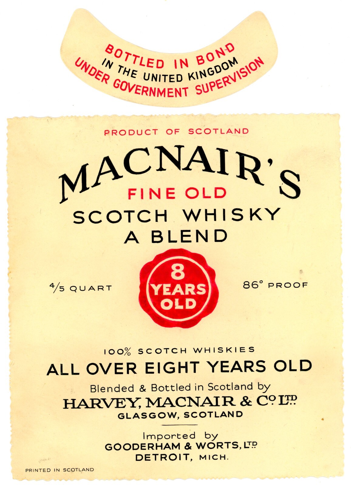 1920s-30s Macnair's Fine Old Scotch Whiskey A Blend Gooderham & Worts Label WL4