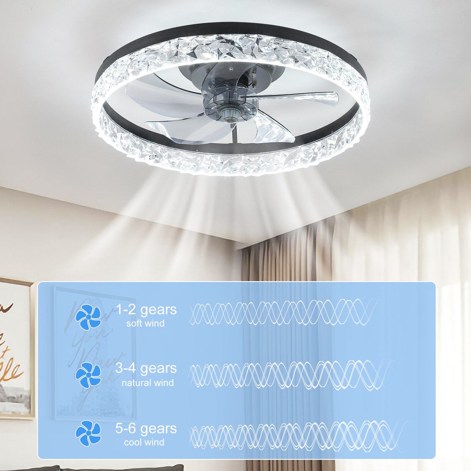 20" Modern Fan Lights Flush Mount LED Ceiling Light kit With APP Remote Control