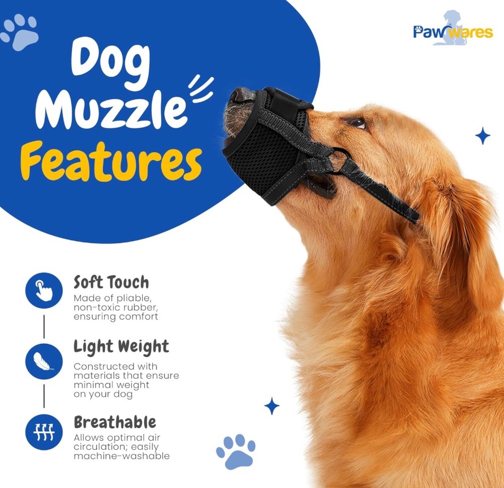 PawWares Dog Muzzle Soft Nylon Anti Biting -Adjustable-Breathable-Drinkable NEW
