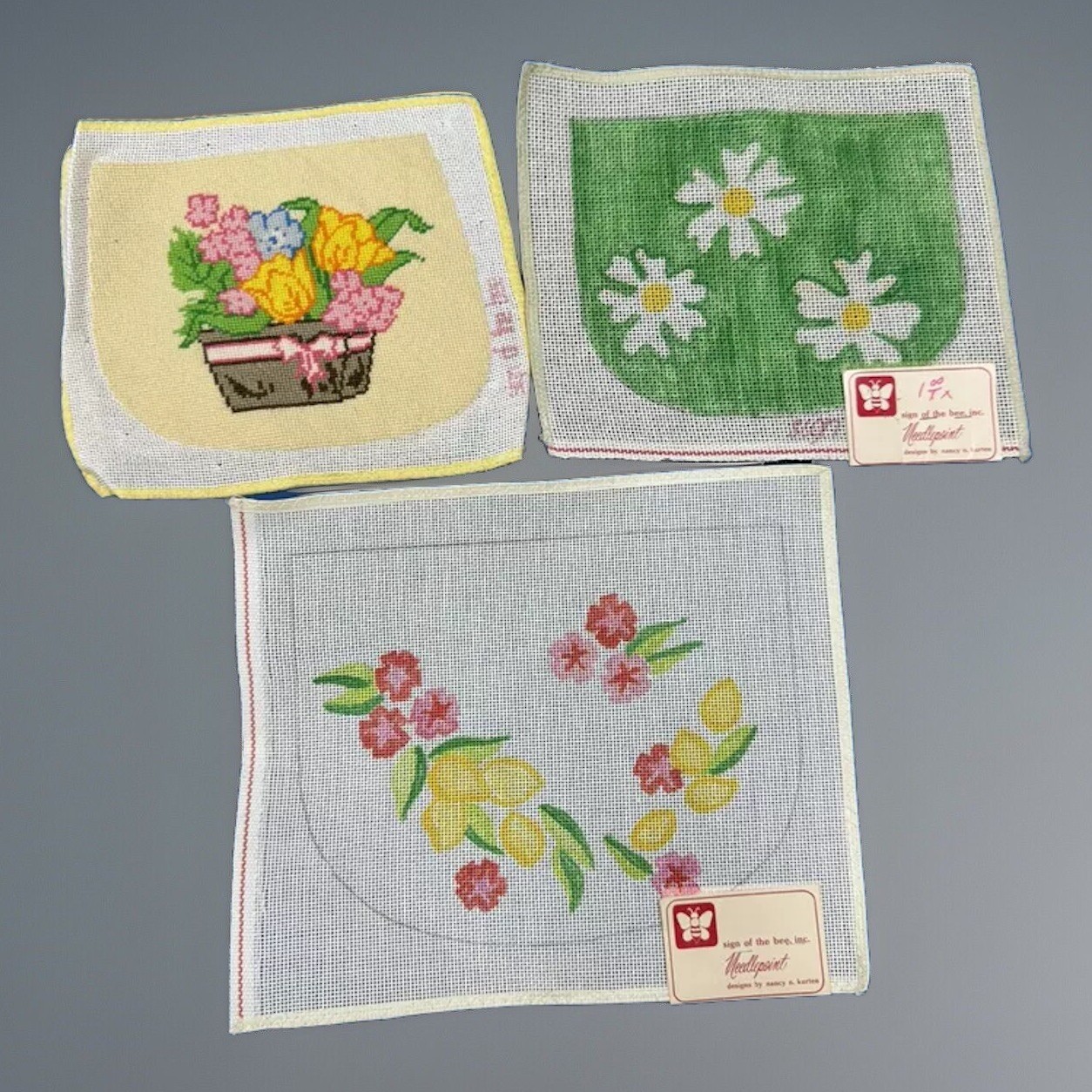 VTG Nancy Kurten Needlepoint Canvas Unfinished Handbag Pattern Set Of 3