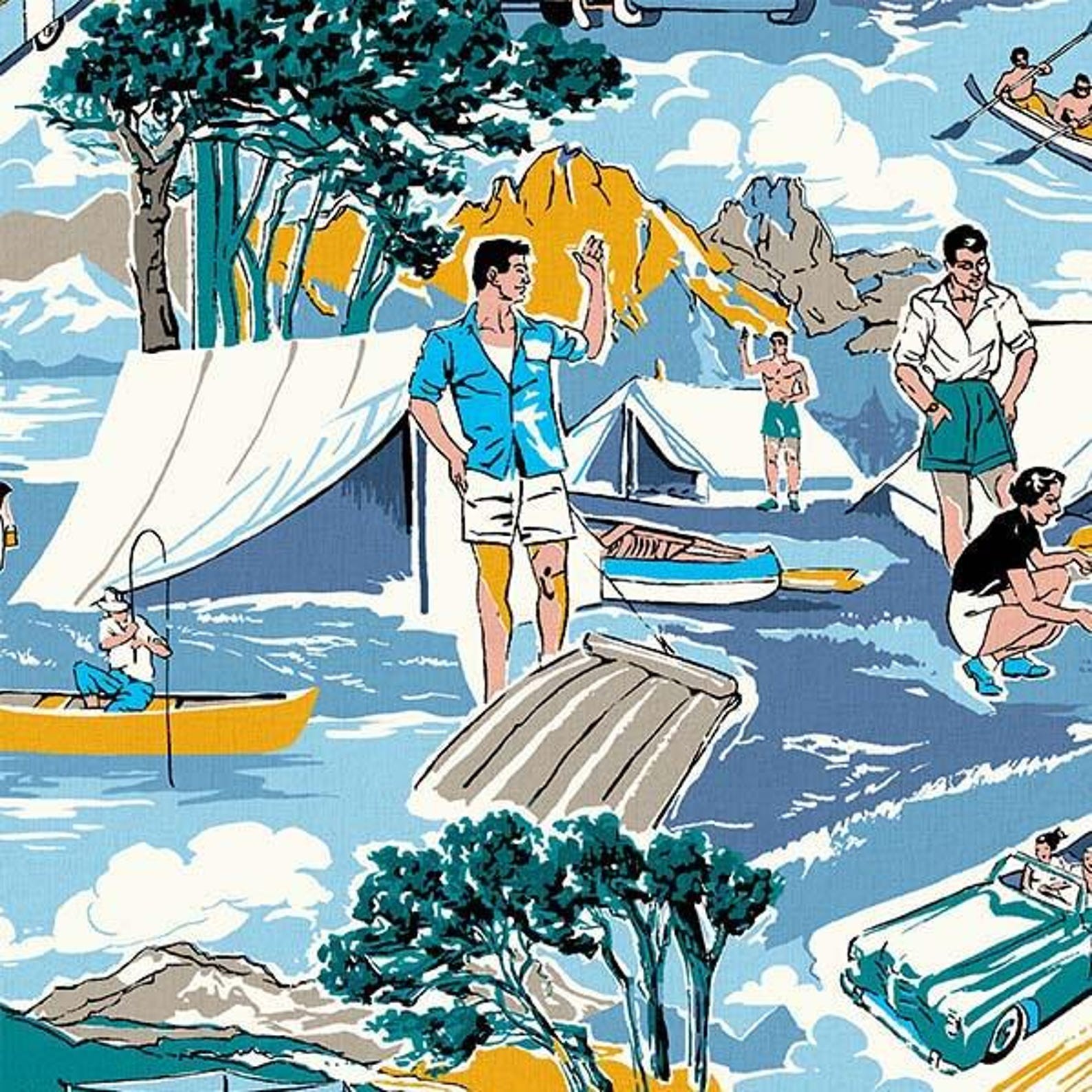 Vintage Road Trip Fabric by Michael Miller- Blue DCX12083- Retro Tents, Campers