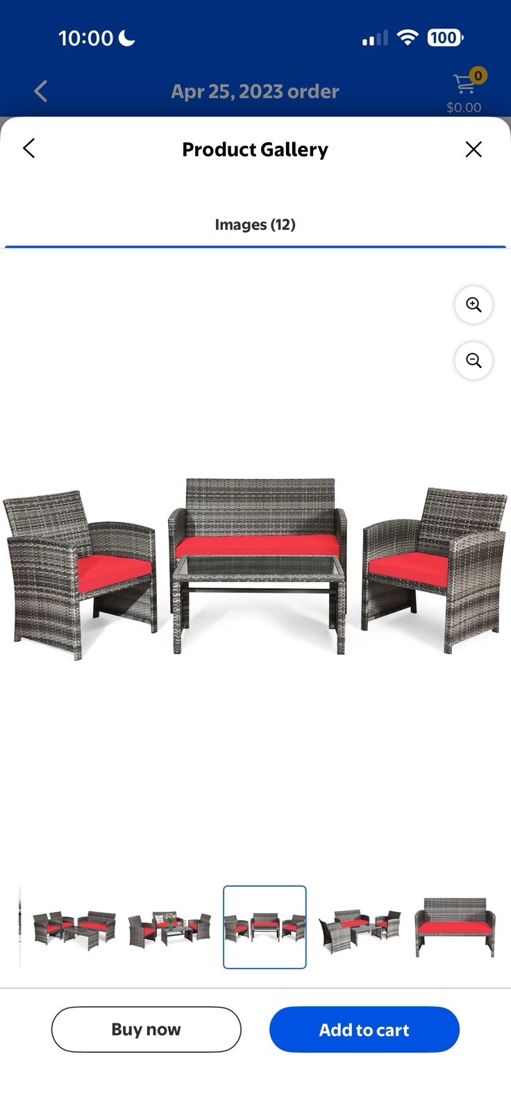 Costway 4PCS Patio Rattan Conversation Glass Table Top Cushioned Sofa Red