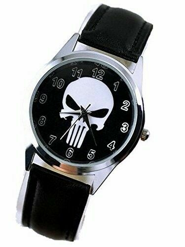 The Punisher White Skull Symbol Black Leather Wrist Watch