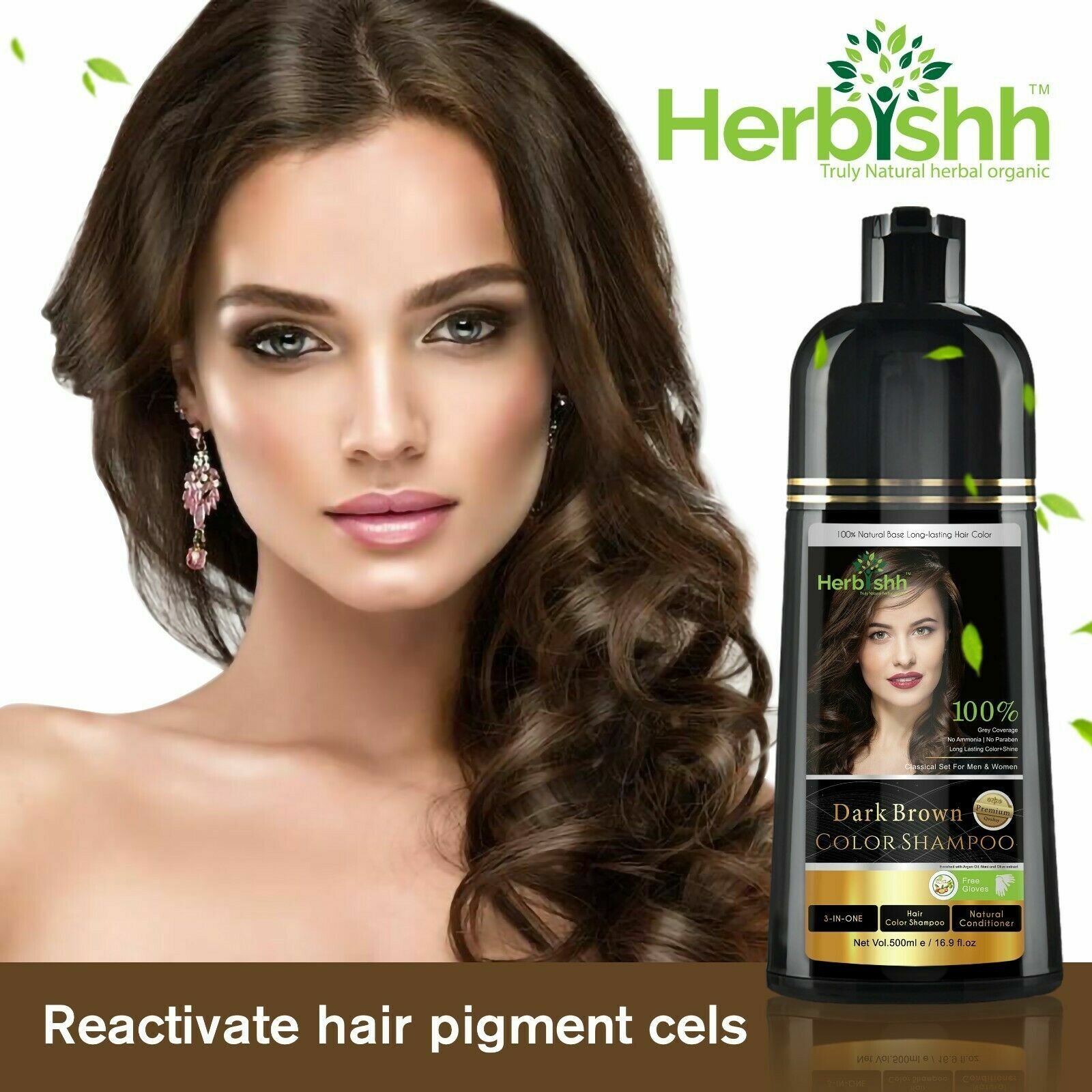Herbishh Hair Dye Shampoo 500ml Herbal Ammonia Free Black Brown Color