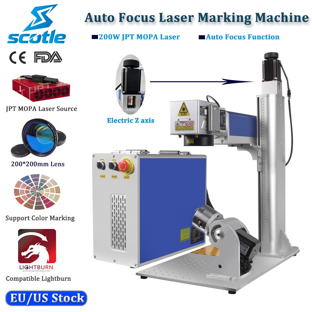 Auto Focus 200W JPT Mopa Fiber Laser Marking Machine Engraver Rotary Axis Ezcad2