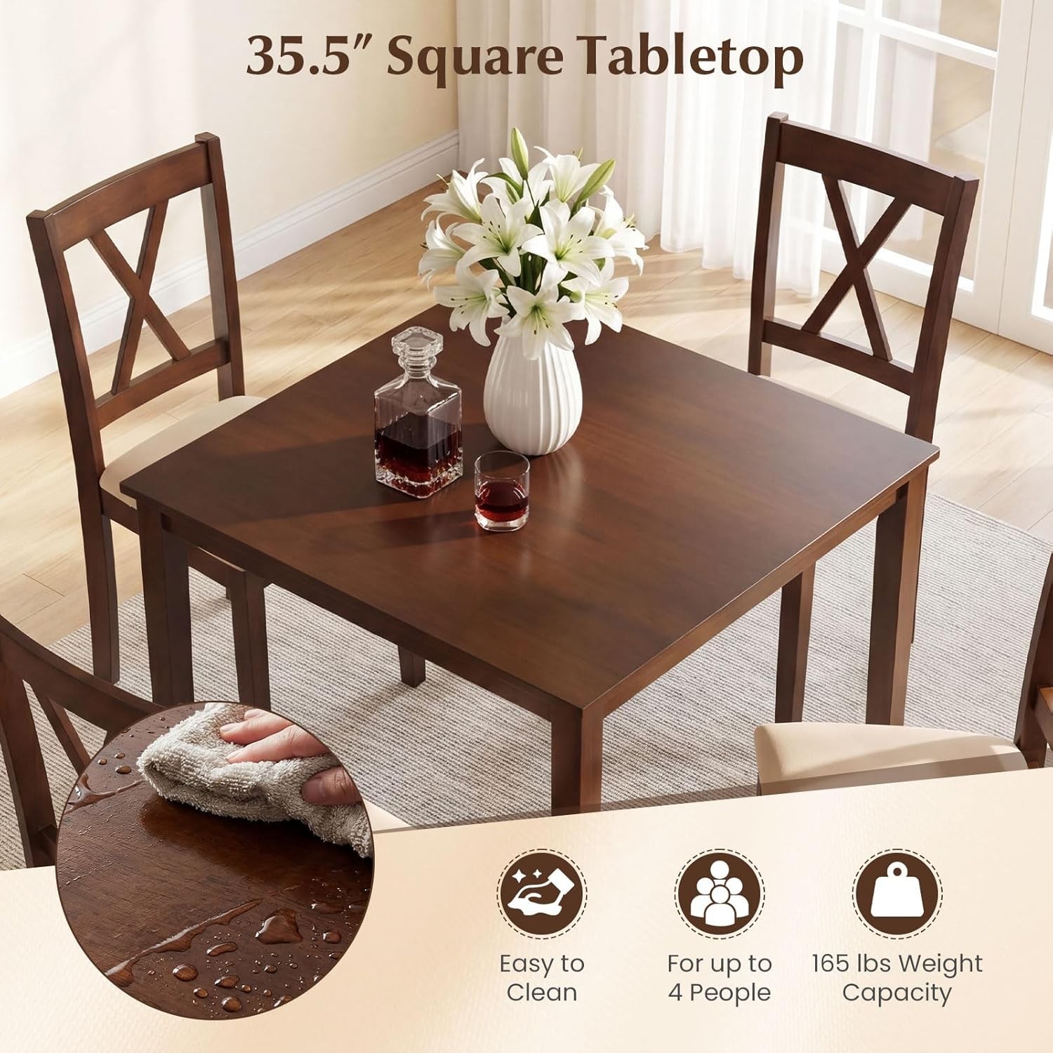Dining Table for 4, 35.5" Square Kitchen Table with Solid Rubber Wood Legs,