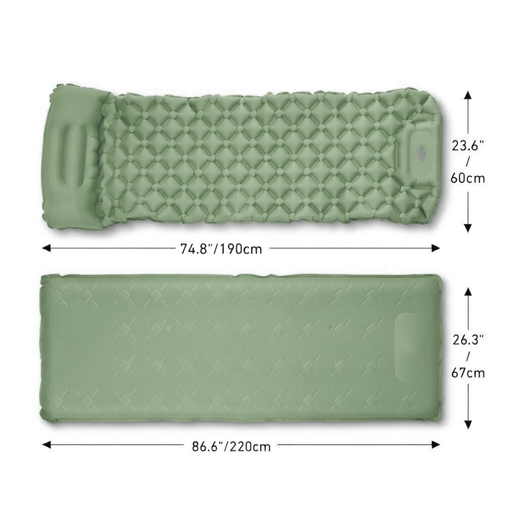 Camping Sleeping Pad Ultralight Inflatable Mat Built-in Foot Pump Pillow Green