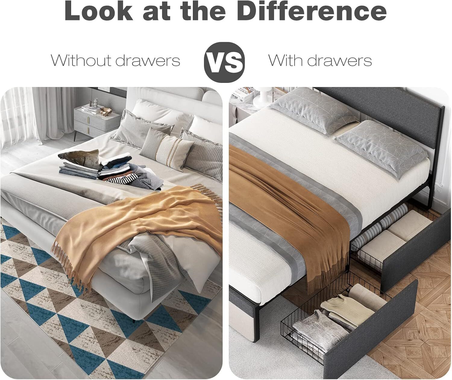Queen Size Bed Frame, Upholstered Headboard ,Platform Bed Frame, Storage Drawers
