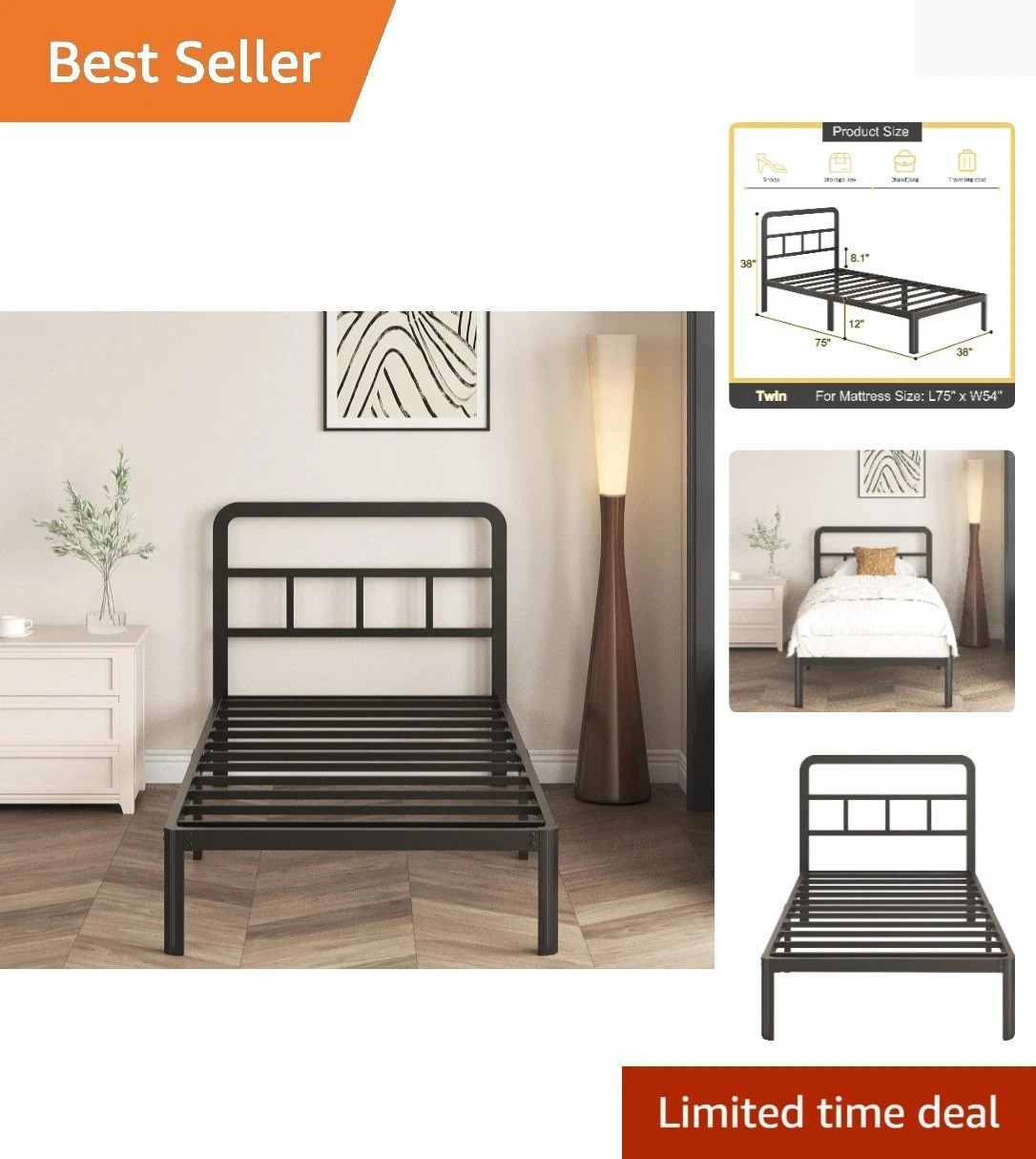 12 Inch Twin Bed Frames with Headboard, Heavy Duty Metal Twin Size Platform B...