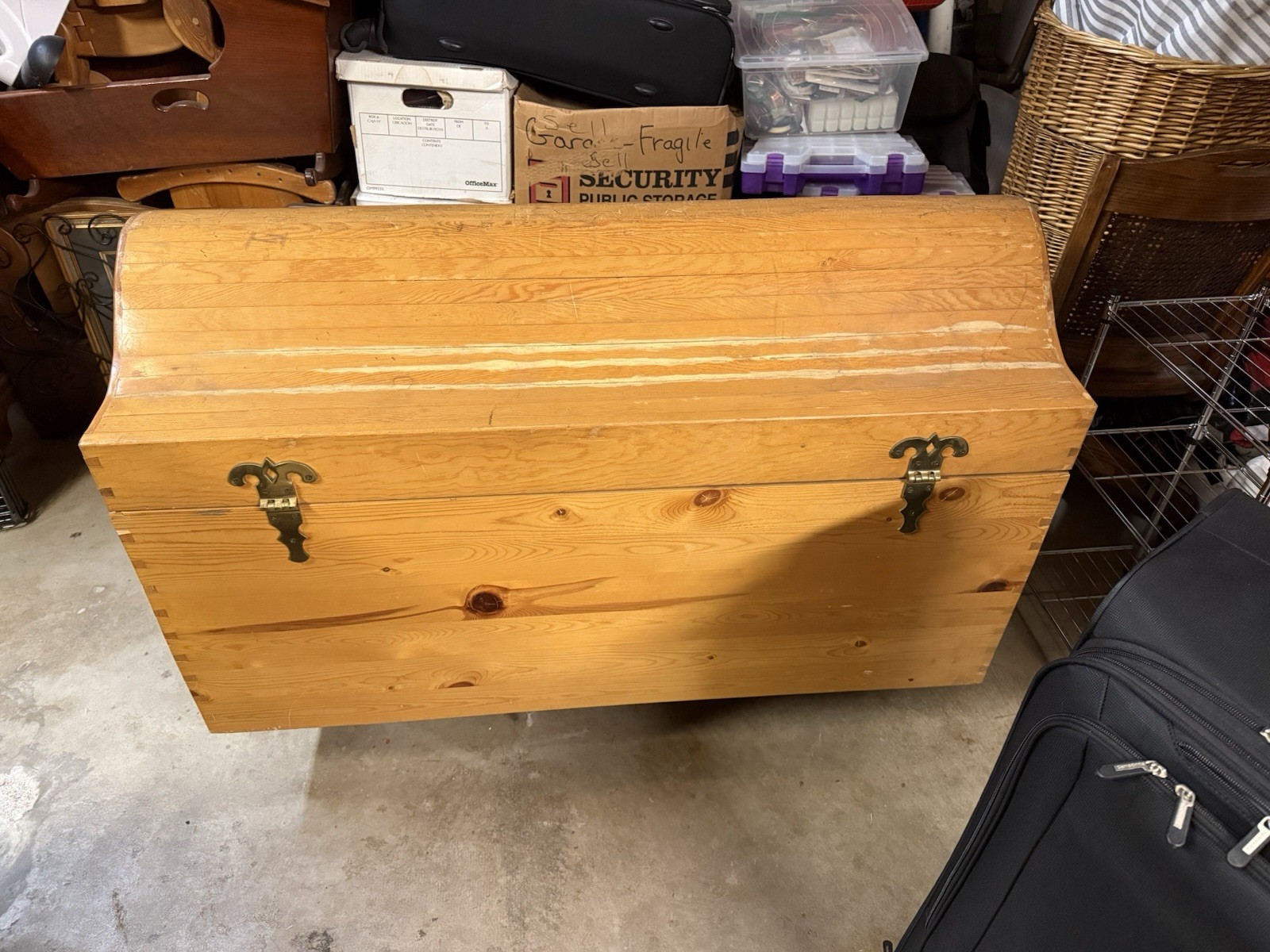 Brown Wooden Family-Made Antique Chest/Trunk with Heart Cutout and Brass Handles