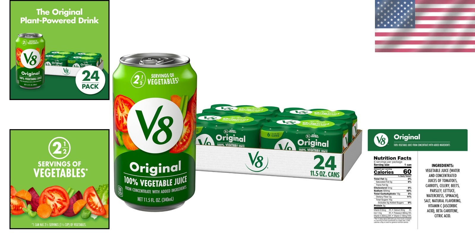 24 Single-Serve Vegetable Juice Cans, 100% Juice – No Added Sugars