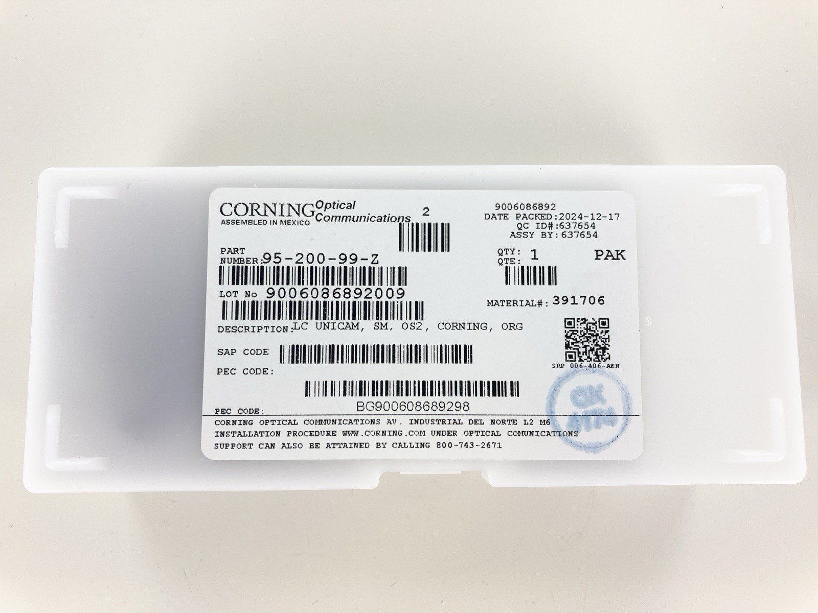 2024-2025 MFG - Corning 95-200-99-Z Unicam Connector Pretium LC SM OS2, 25 Pack
