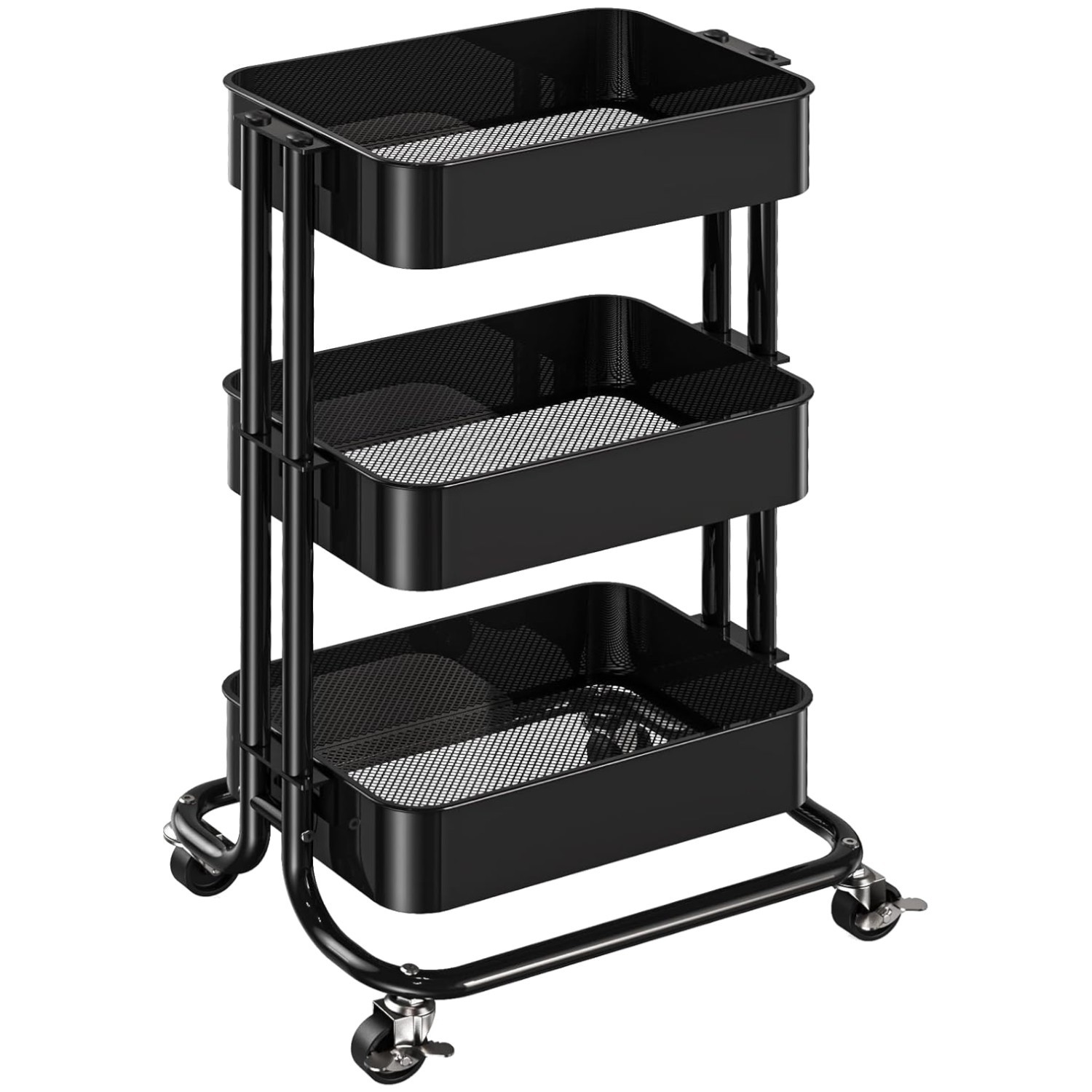 Compact 3-Tier Rolling Utility Cart - Metal & Mesh Design with Lockable Wheels