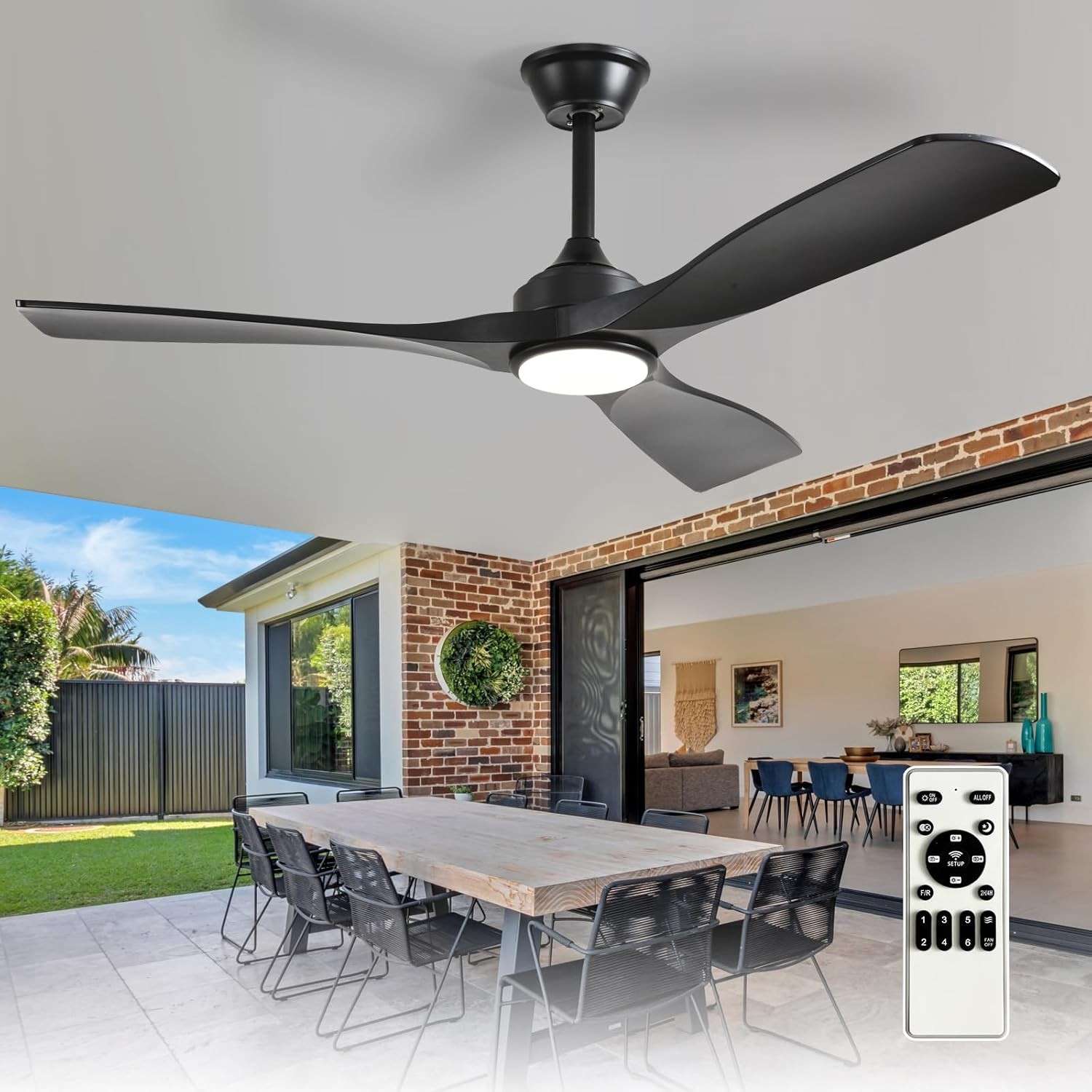 52-Inch Ceiling Fan W/ Light Black 3 Blade Outdoor Fans Patios Dimmable Indoor