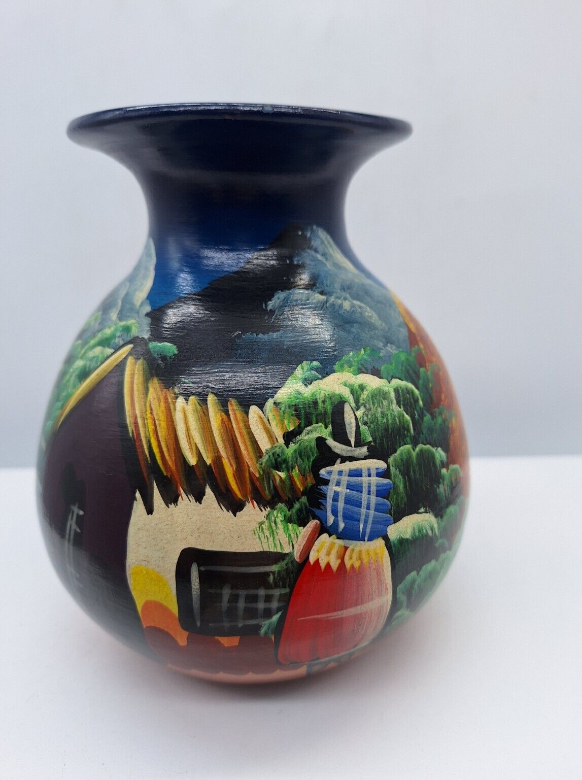 Peru Vase Pottery Llamas Scenery Hand Made and Hand Painted  5.5 in. Colorful
