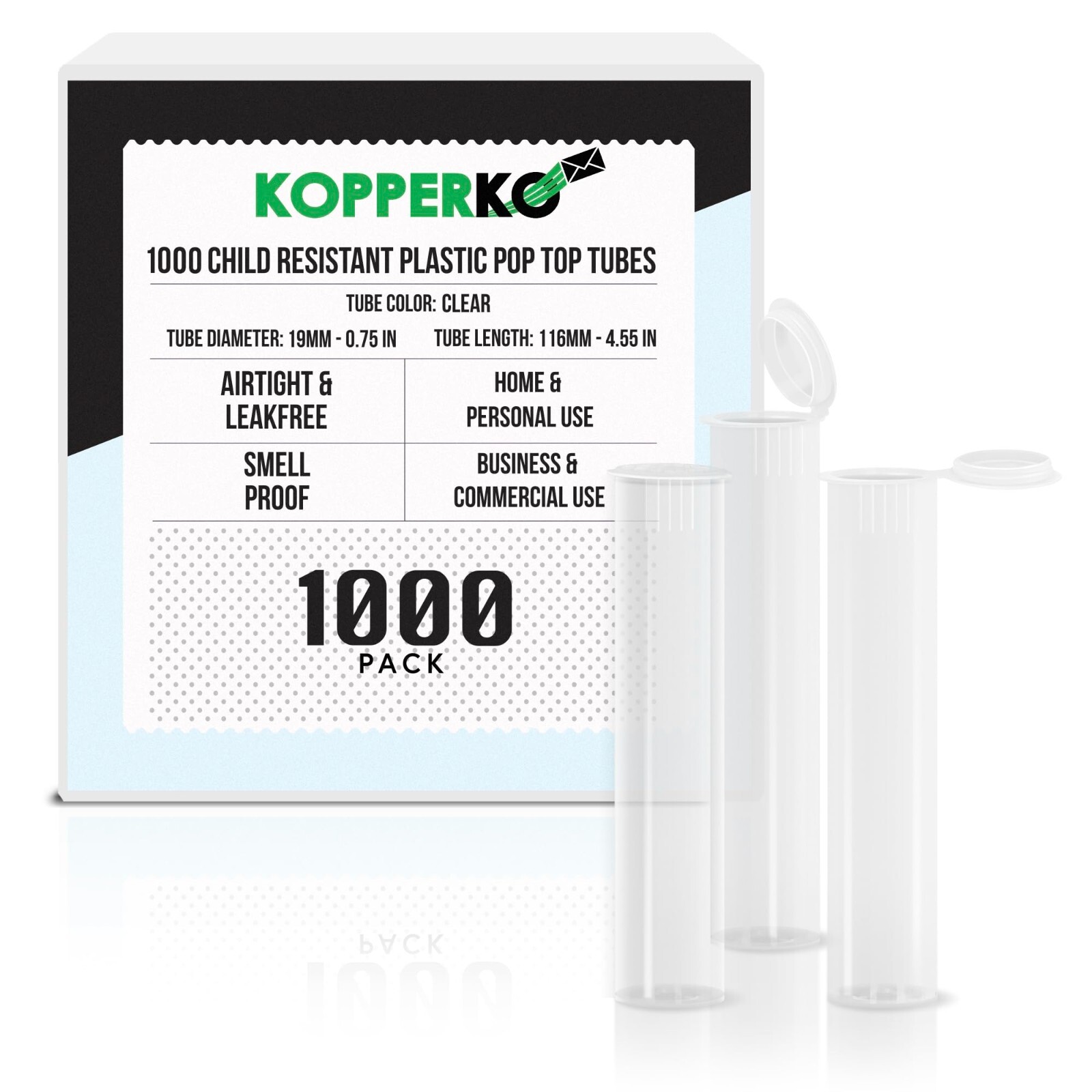 Kopperko 116mm Plastic Pop Top Tubes - Child Resistant, Clear, 1000 Pack