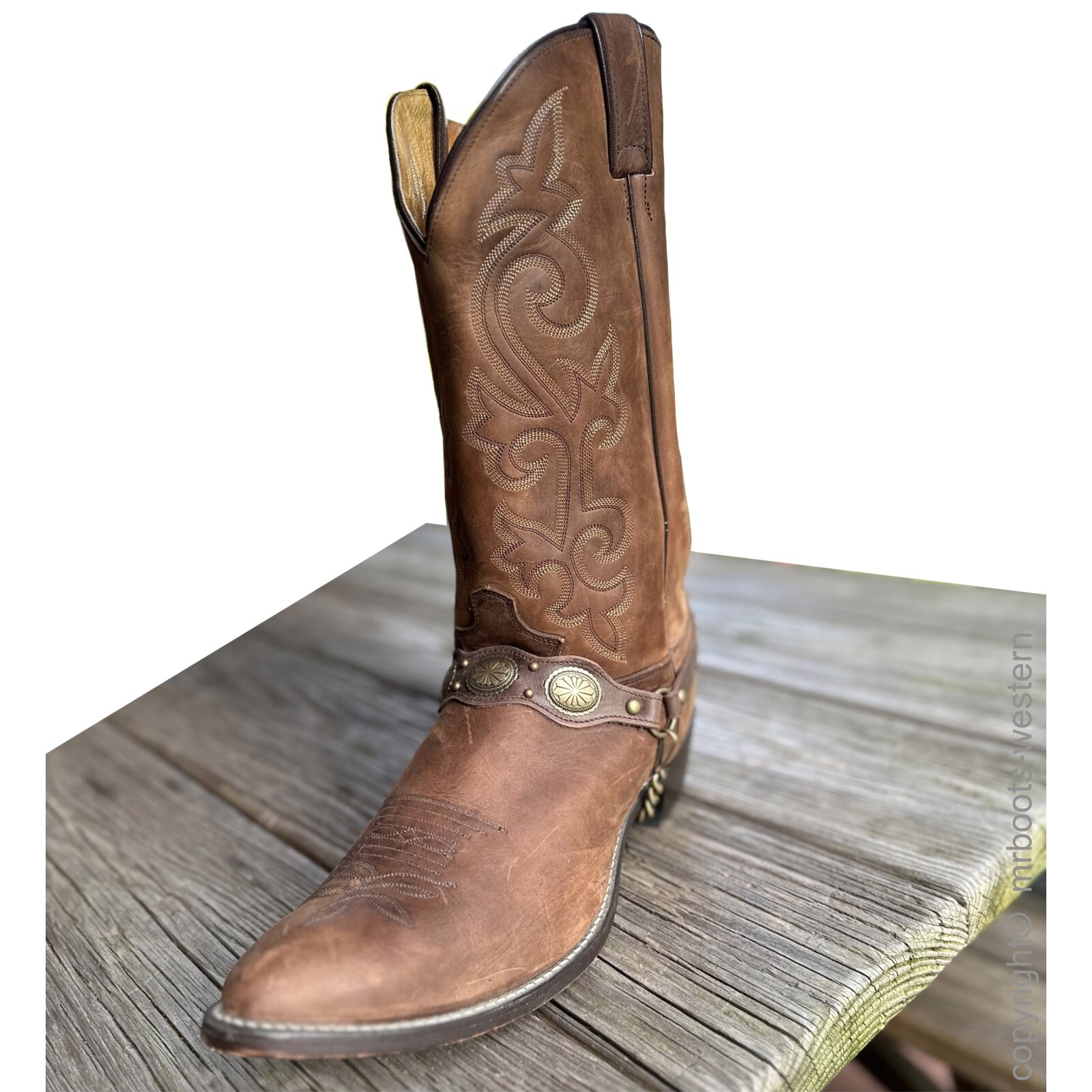 Brown Leather Boot Chains with Antique Brass Plated Embossed Oval Conchos