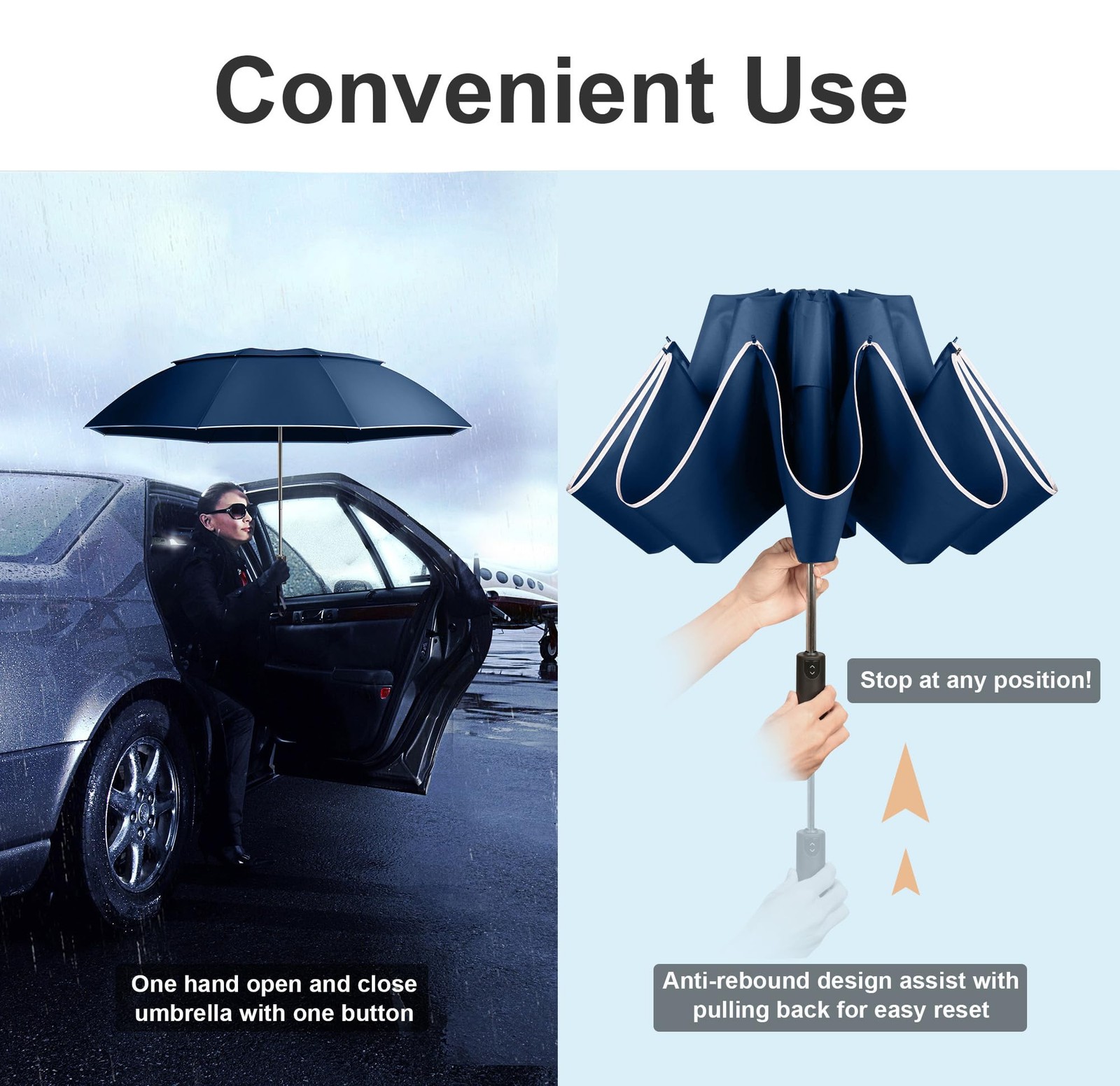 Urvoix Travel Umbrella Compact Windproof - Vented Double Canopy Large, Blue