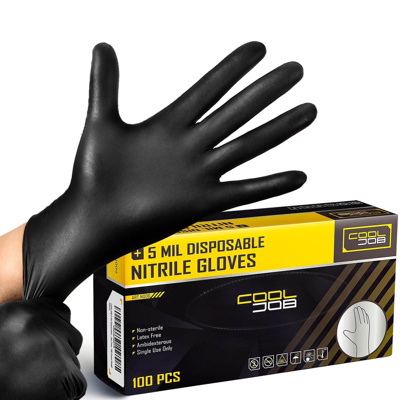 COOLJOB 5 Mil Black Disposable Nitrile Gloves for Men, Heavy-Duty for Househo...