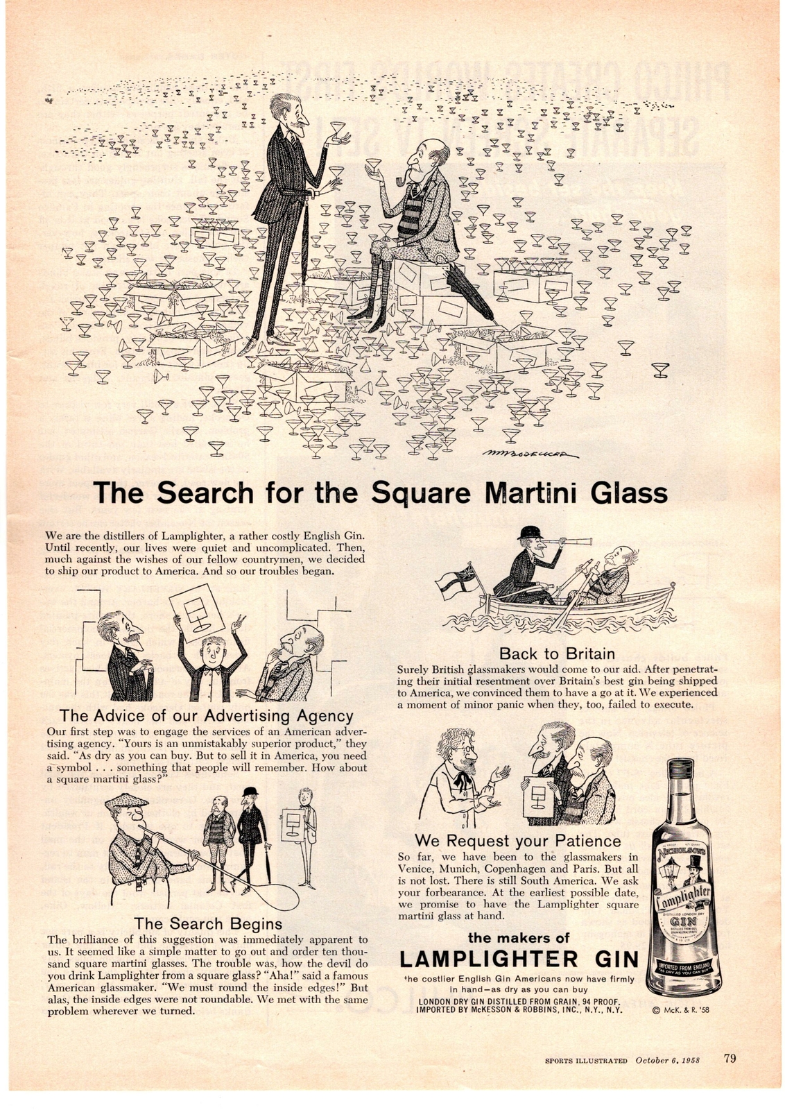 1958 Lamplighter Dry Gin N. M. Bodecker Search For Square Martini Glass Print Ad