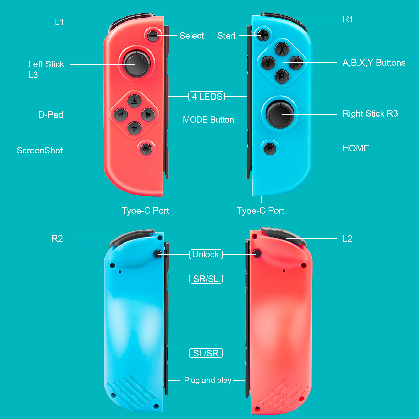 Pair Wireless Controller For Nintendo Switch Left + Right Gamepad Joystick